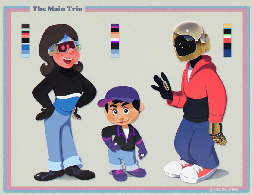 The Main Robot Trio A character line up featuring my robot OCs, Vinyl, Rocket and R.J, drawn in a style simulating toon shaded 3D models, with color schemes next to each and a background with a 90’s vibe. Vinyl is a humanoid robot with long flowing brown hair, a silver visor