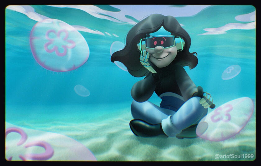 Vinyl’s first time underwater. They love watching the moon jellyfish.