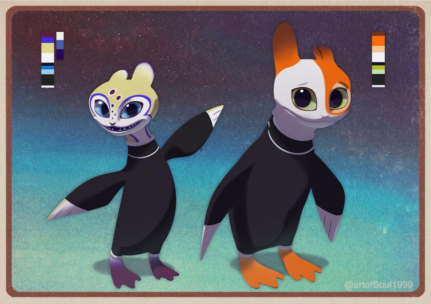 Pearl and Tyke Pearl and Tyke, two of my alien OCs. They are luguins, a small cat-like type of aliens that have the body type of a penguin, large heads with big almond shaped eyes, and soft but durable marshmallow-like skin. Both of them are wearing black suits that cove