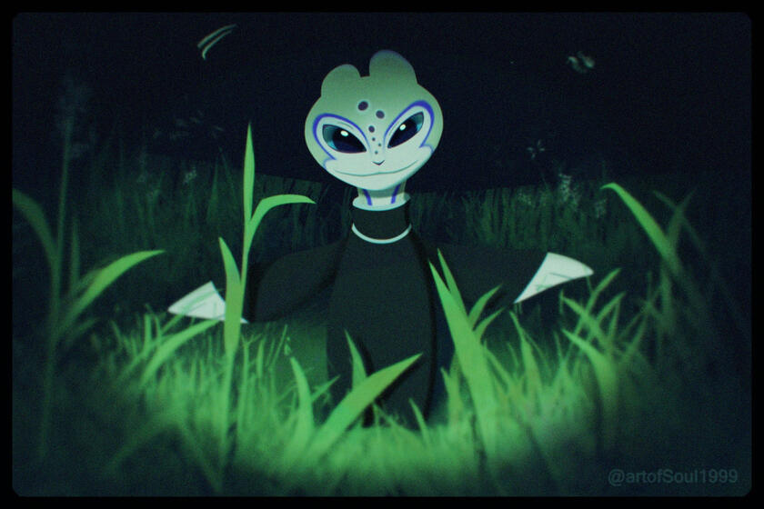 A digital painting of Pearl, one of my alien OCs, in the style of a cryptid sighting, with a dark grassy environment lit by a flashlight and a greenish hue to the whole piece. Though Pearl is a bipedal cat-like alien with the body proportions of a penguin,